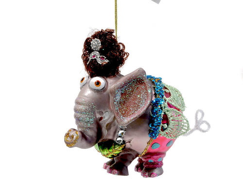 Glas Hänger Lady Elefant mit Lockenkopf & Festtagskleid