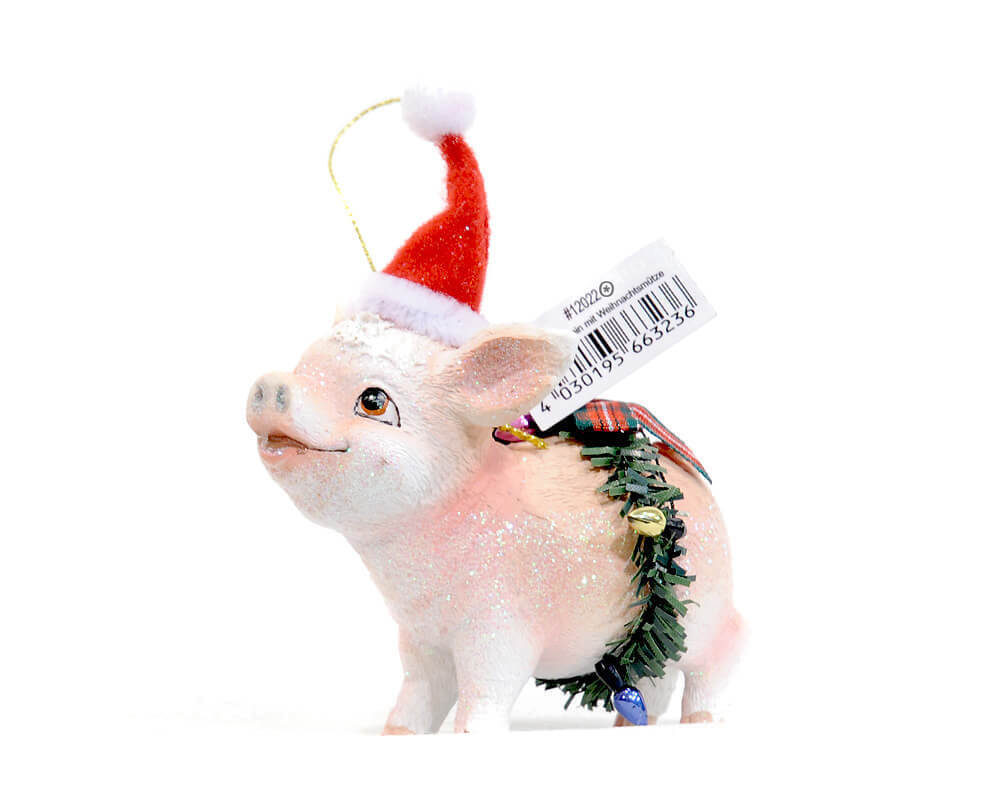 Pig in Santa Hat Ornament Glass Christmas Ornament 4.75 Inches